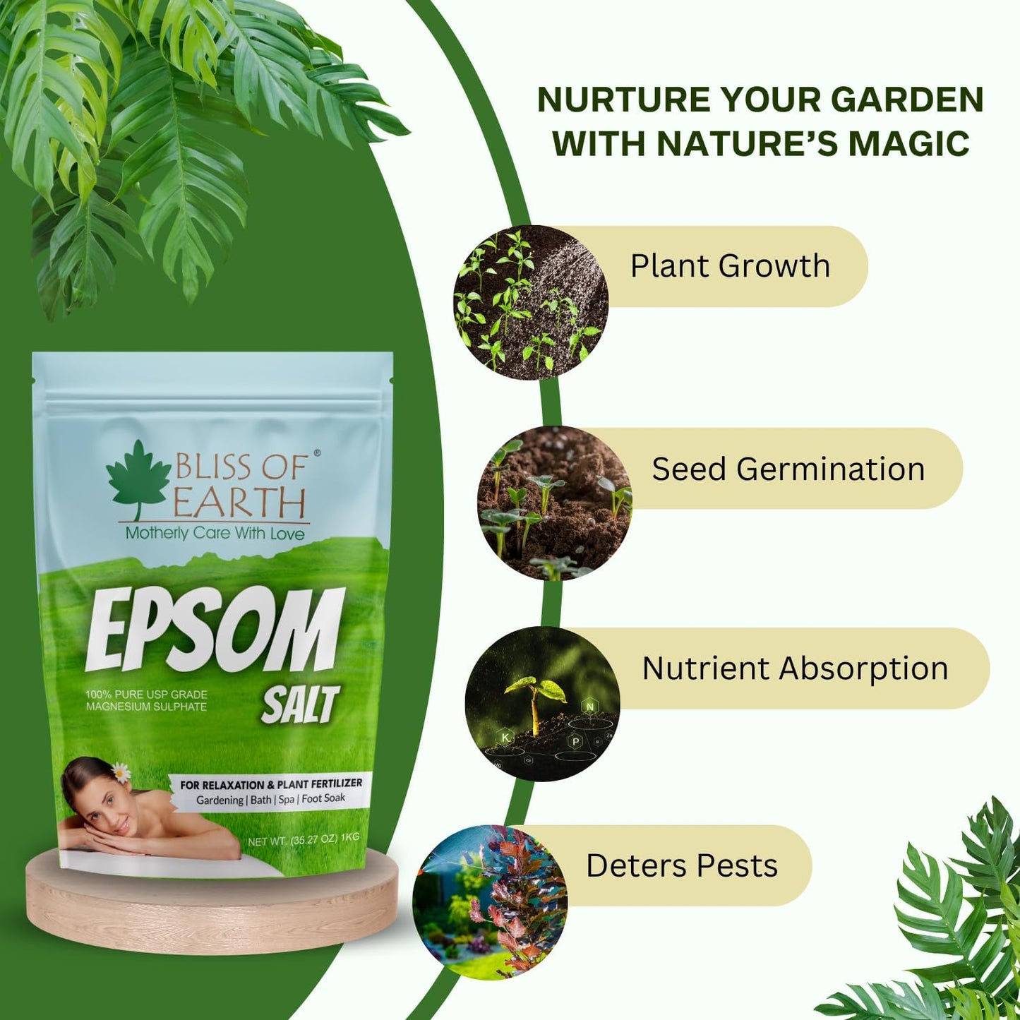 Bliss of Earth Epsom Salt for Foot | 1kg Epsom Salt for Foot Soaks, Bath Soaks, Plants & DIY Scrubs | Natural Magnesium Sulphate for Muscle Relief & Aromatherapy | Cruelty-Free