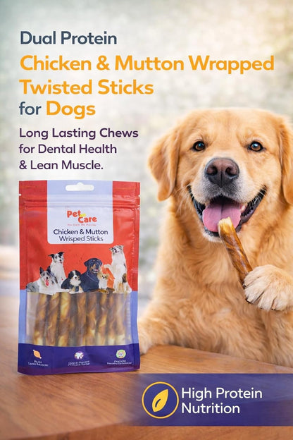 Pet en Care Chicken & Mutton Wrapped Twisted Sticks Dog Treats | High Protein Dual Flavor Chew Snacks | Dental Treats for Dogs | Helps Reduce Plaque & Tartar