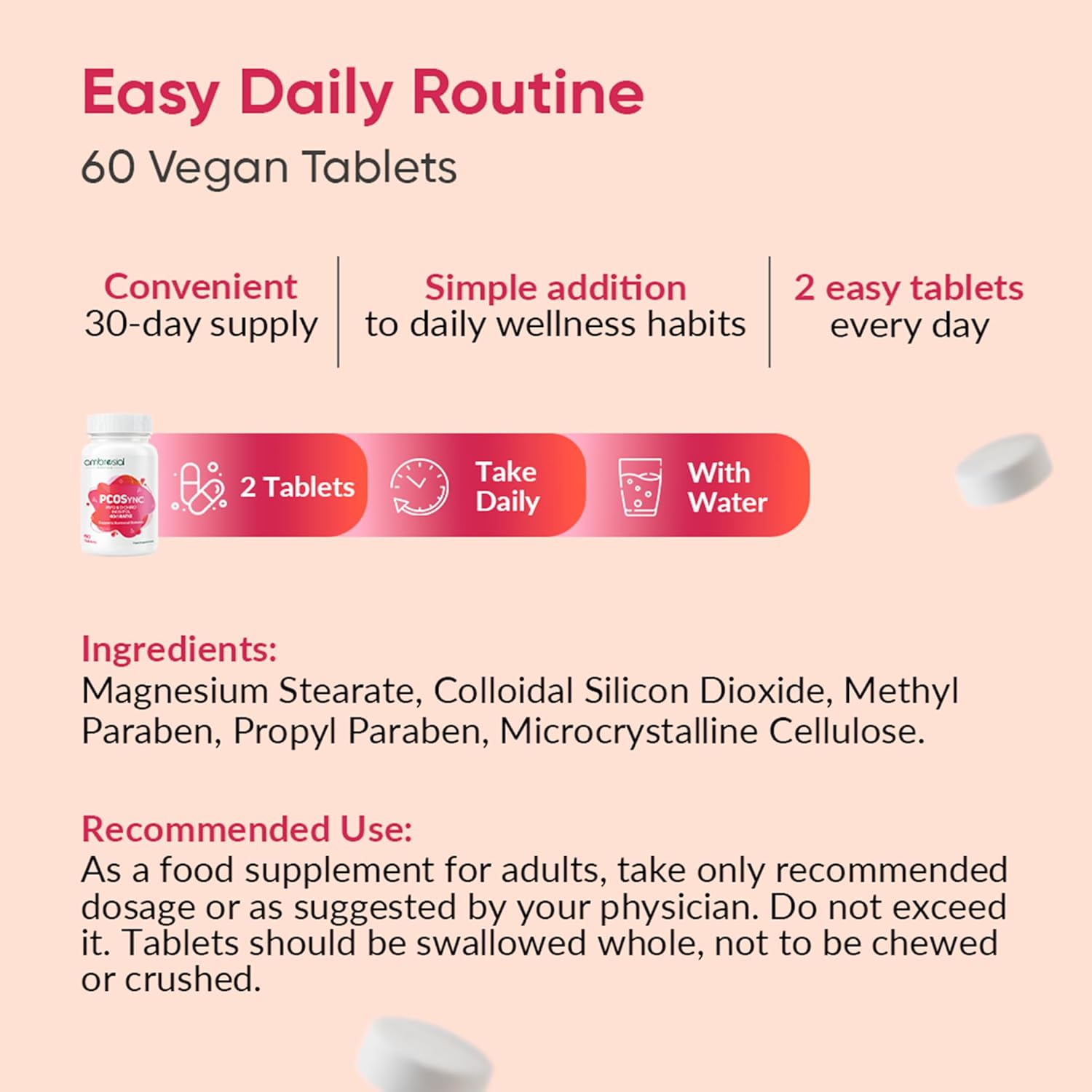 Vegan supplement tablets with packaging and usage instructions on a pink background
