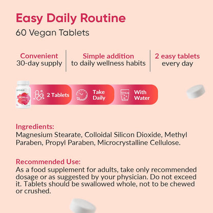 Vegan supplement tablets with packaging and usage instructions on a pink background