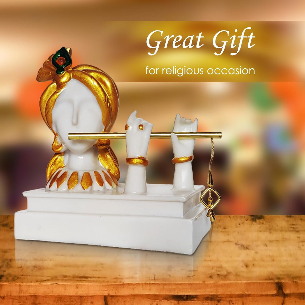 Decorative Krishna Idol Playing Flute Figurine, White and Gold Resin,Showpiece for Home Decor Living Room House Warming Gift Krishna Statue for Good Luck Wealth properity19x11x19 cm