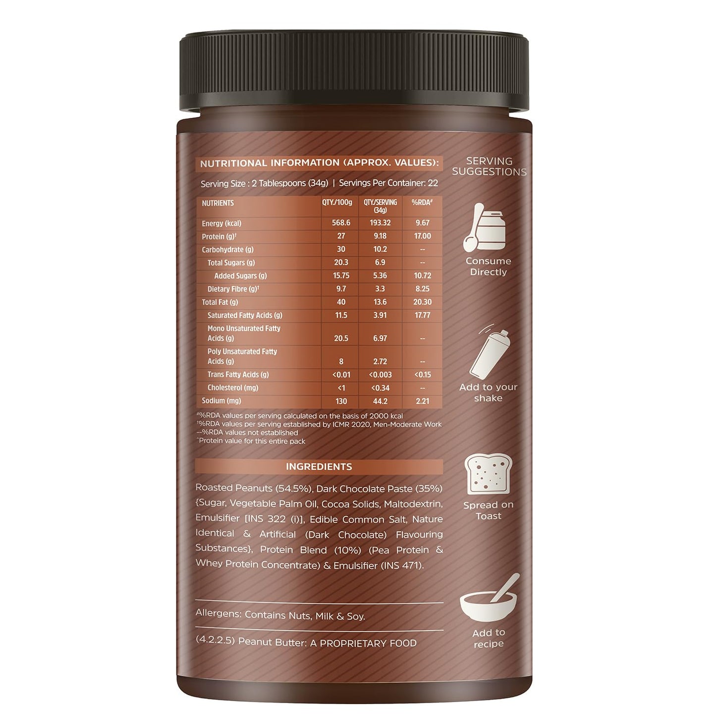 MuscleBlaze High Protein Peanut Butter With Pea Protein & Whey Protein Concentrate, Crunchy, 203 G Protein, Dark Chocolate Spread, 750 Gram
