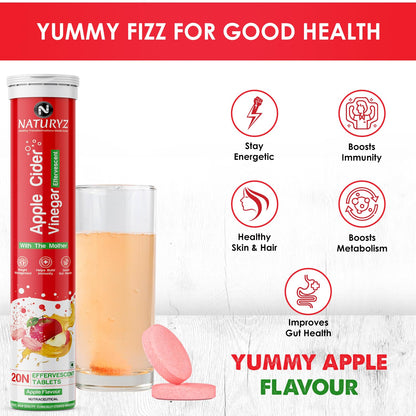 Naturyz Apple Cider Vinegar with Mother product packaging, glass of juice, and pink tablets on a white background with health benefits text.