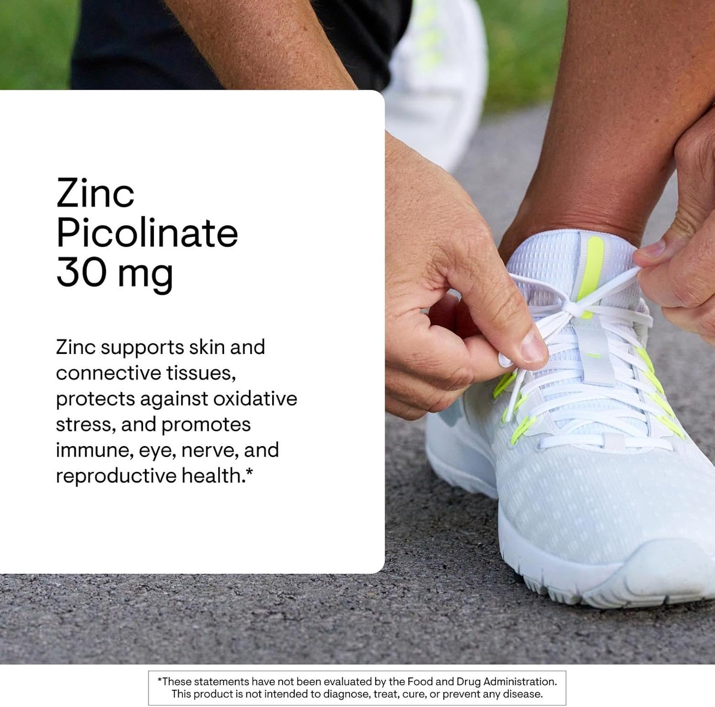 Person tying a white athletic shoe with text about zinc picolinate supplement on a white background
