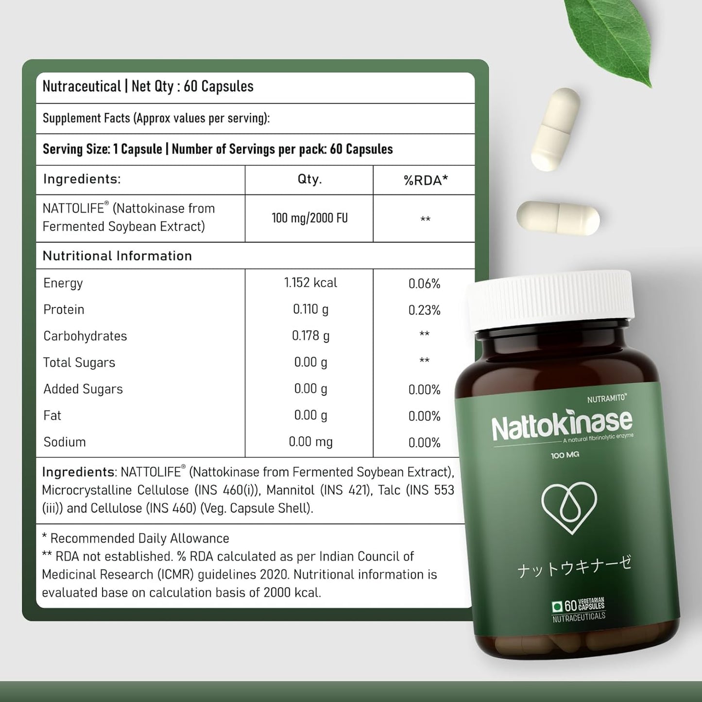 Nattokinase supplement by Nutramito, 200mg (4000 FU) per serving of 2 capsules, Natural Enzyme Supplement for Heart Health, Vitamin K–Free Formula, Supports Heart Health & Smooth Circulation