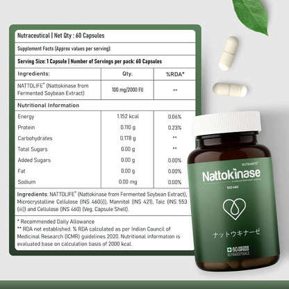 Nattokinase supplement by Nutramito, 200mg (4000 FU) per serving of 2 capsules, Natural Enzyme Supplement for Heart Health, Vitamin K–Free Formula, Supports Heart Health & Smooth Circulation