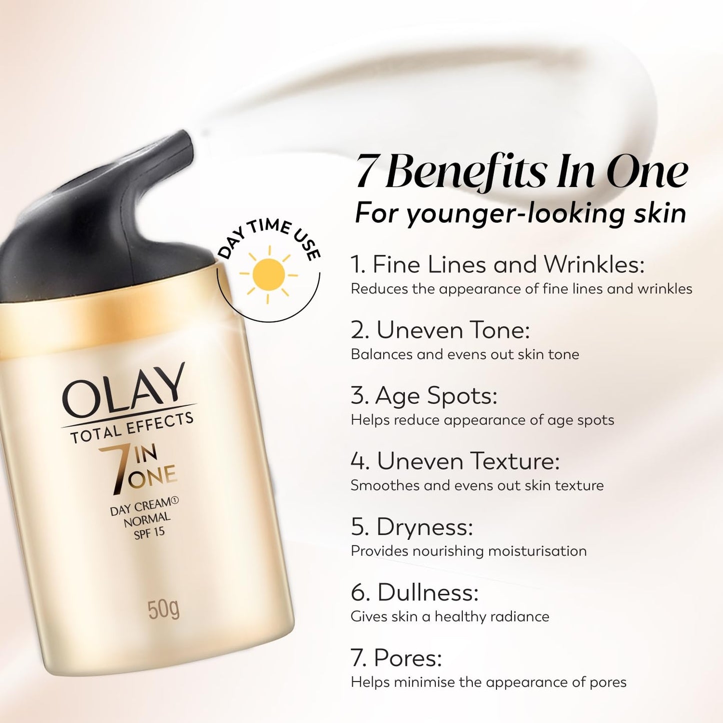 Olay Total Effects 7-in-1 Day Cream bottle with benefits listed on a light background