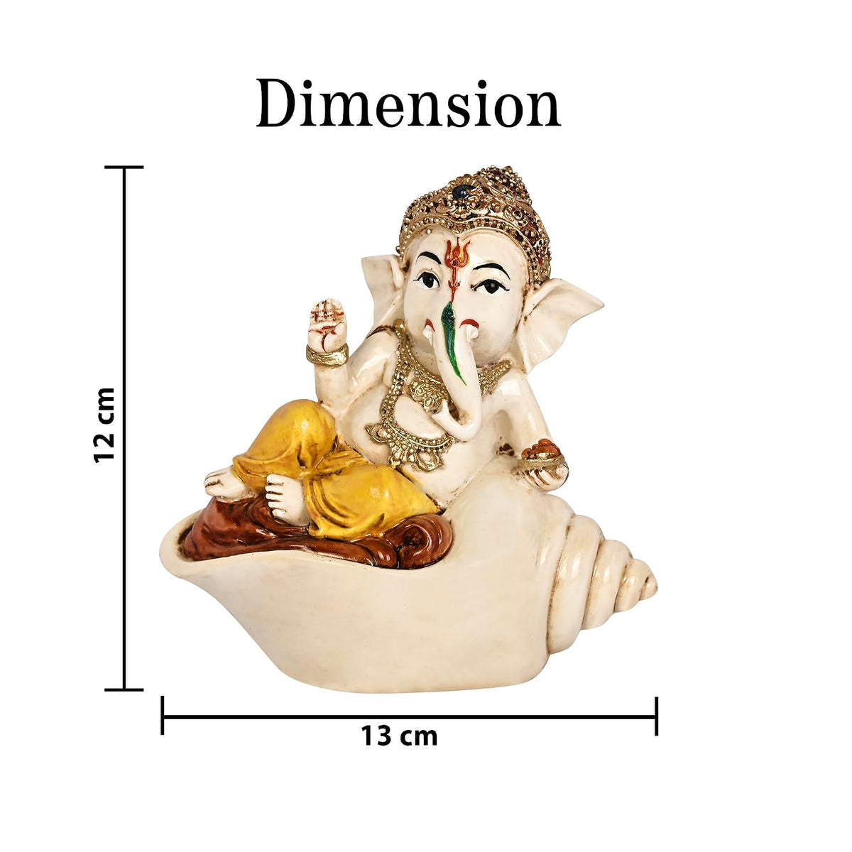 Lord Ganesh Idol 13 x 12 cm | Colourful Polyresin Statue of Ganesh Sitting on Shell | Handcrafted Decorative Figurine for Pooja Mandir, Home Temple, Showcase & Gifting