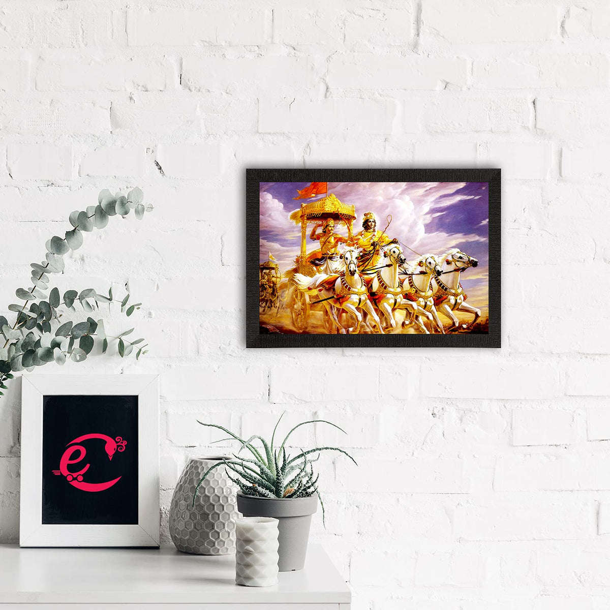 Shree Krishna Arjun On Rath Digital Printed Religious Wall Painting - Divine Artwork for Home, Temple, and Meditation Spaces for Krishna Devotees and Spiritual Seekers