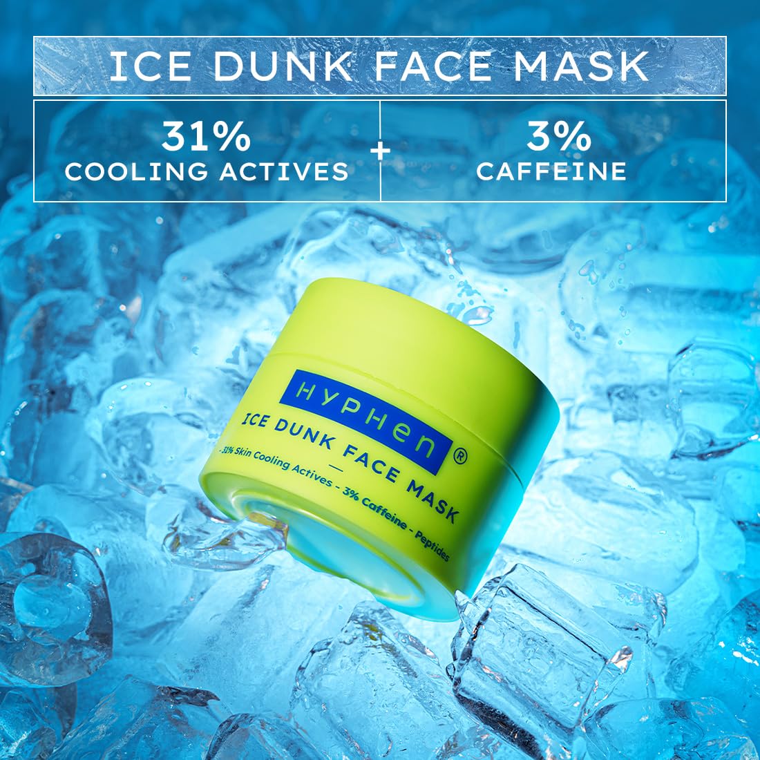 Hyphen Ice Dunk Face Mask packaging with ice cubes on a blue background