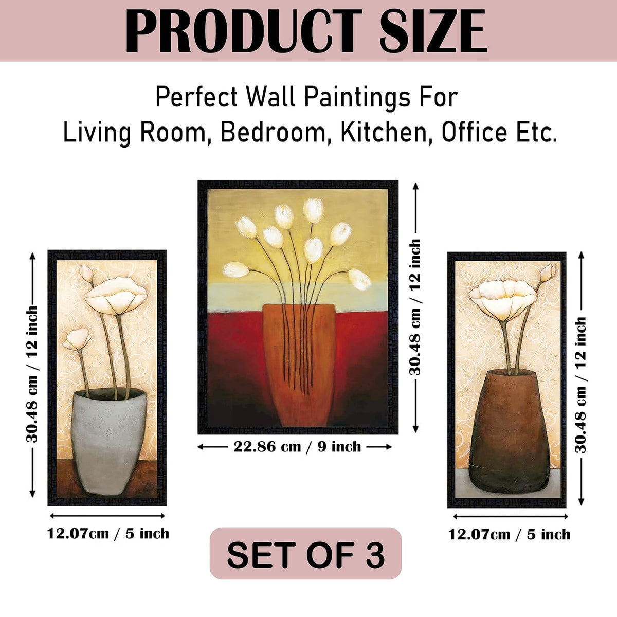 Wall Painting Frames For decor, Pictures Frame For Living Room, Home Decoration, Bedroom, Set of 3, 1pc- 23 x 30 cm, 2pc- 12.5 x 30 cm (Design 11)