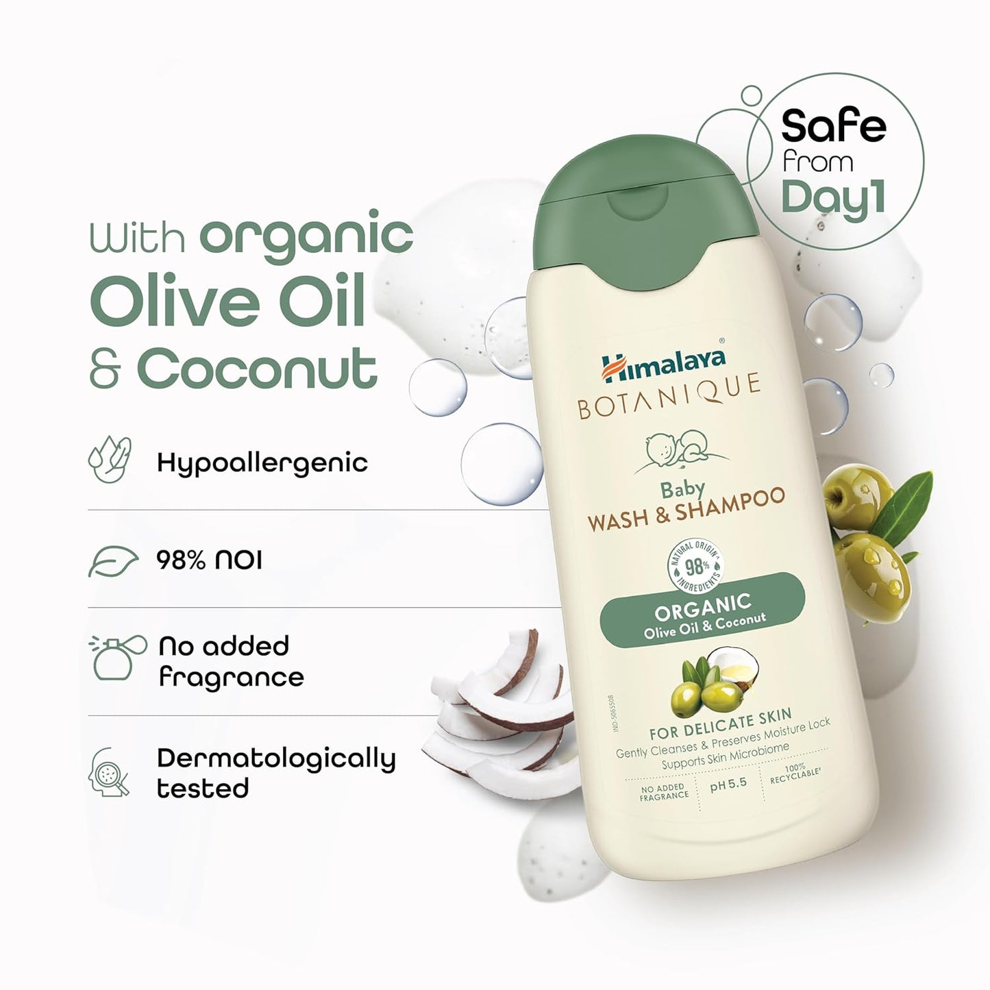 Himalaya Botanique Baby Wash & Shampoo 100 ml | Organic | Preserve Moisture Lock| No Tears | Dermatologically Tested | Helps Protect Skin Barrier | pH 5.5 | Hypoallergenic | No Added Fragrance