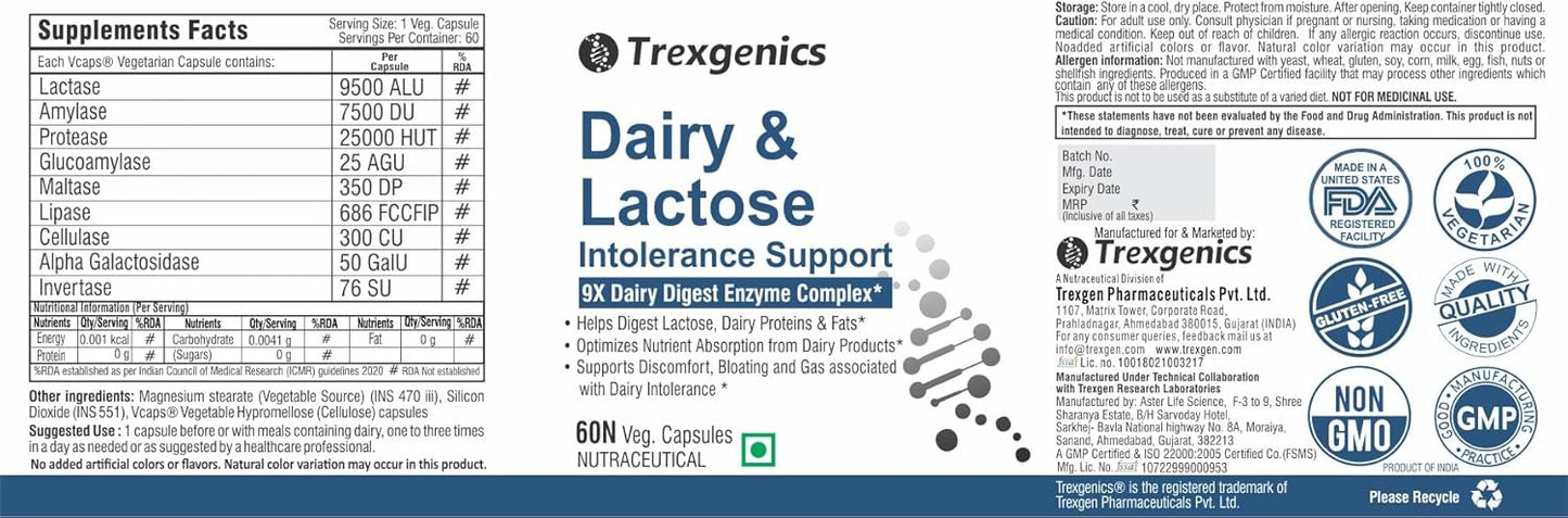 Supplement label for Dairy & Lactose Intolerance Support by Trexgenics with various certification logos.
