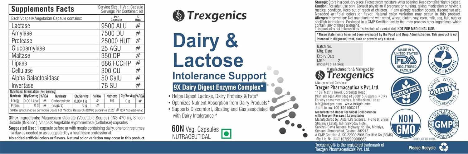 Supplement label for Dairy & Lactose Intolerance Support by Trexgenics with various certification logos.