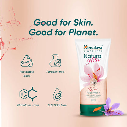Himalaya Natural Glow Kesar Face Wash packaging with sustainability icons on a beige background