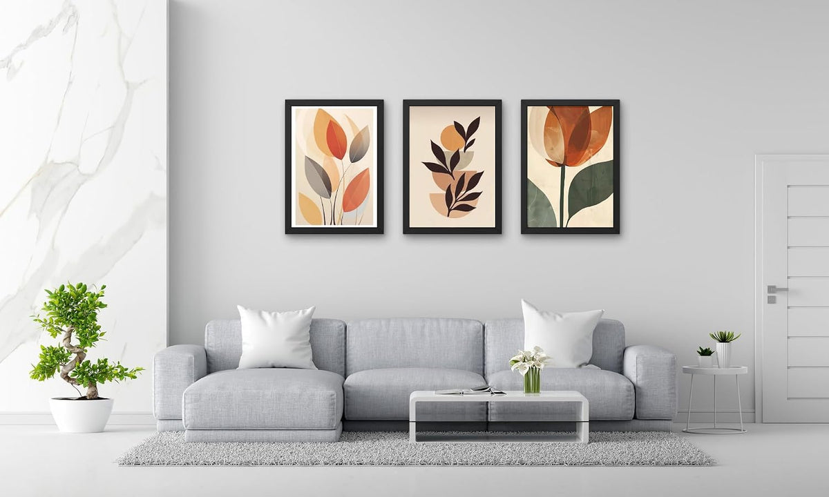 Flowers Boho Wall Paintings – Set of 3 (9 x 12 Inch Each) | Large Framed Wall Art for Living Room & Bedroom | Multicolour Floral Decor for Modern Interiors
