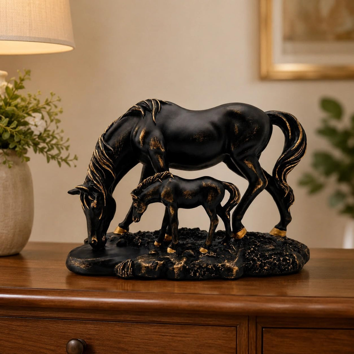 Graceful Mare & Foal Horse Sculpture Showpiece for Home & Office Décor | Nature-Inspired Decorative Figurine for Living Room, Study, Shelf & Console Table Styling - Black