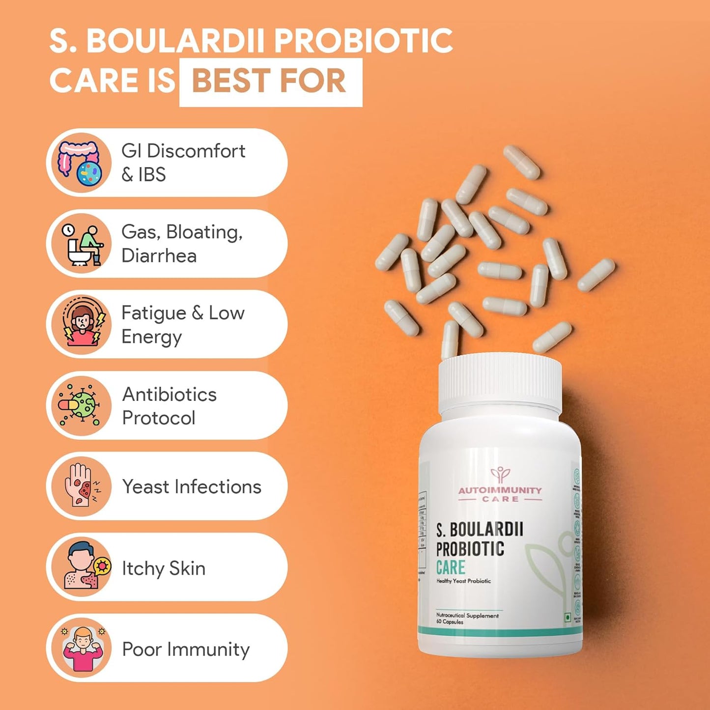 S. Boulardii probiotic care bottle with capsules on an orange background