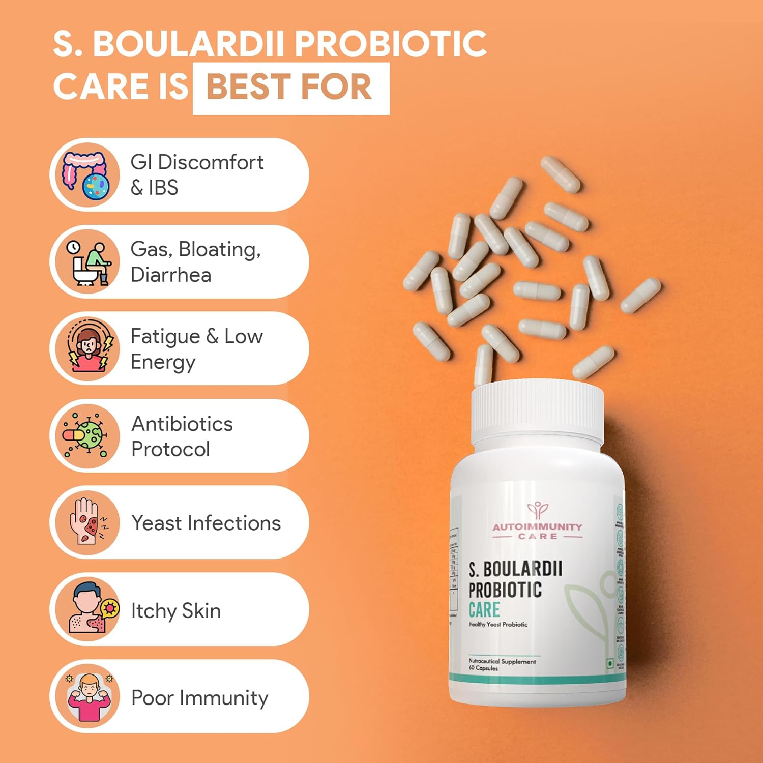 S. Boulardii probiotic care bottle with capsules on an orange background