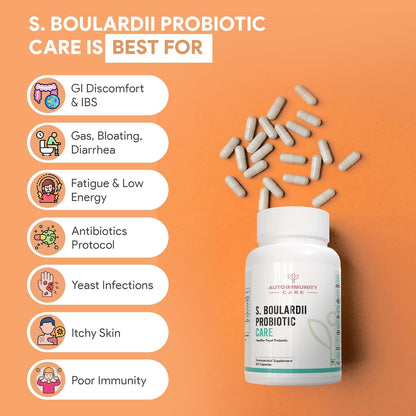 S. Boulardii probiotic care bottle with capsules on an orange background