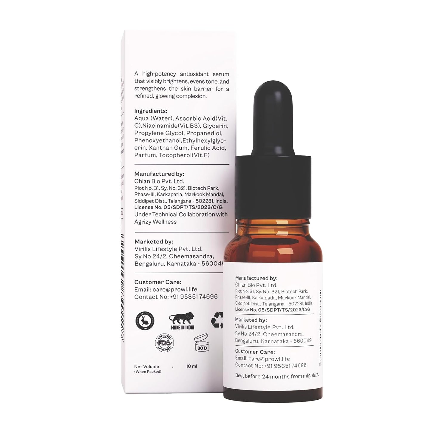 PROWL by Tiger Shroff 10% Vitamin C Serum for Daily Glowing Skin | Reduces Dark Spots & Evens Skin Tone for Men | Face Brightening Serums for All Sensitive Dry Oily Combination Skin Care | 10ml