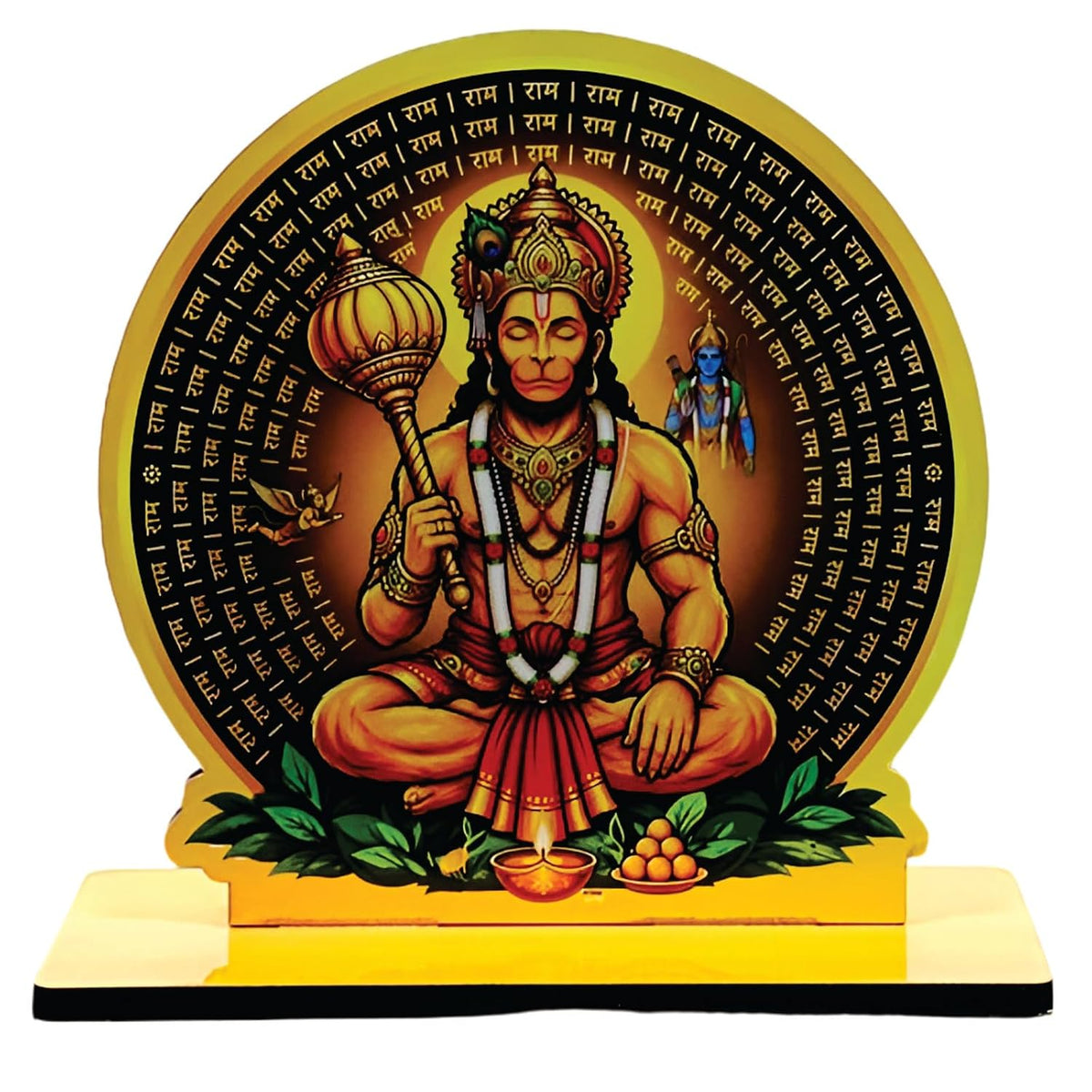Wooden Hanuman Ji with Circular Design| Spiritual Tabletop Showpiece for Home, Office Desk, Temple, Living Room Decor, Religious Gift Item (5.6 x 6 Inch)