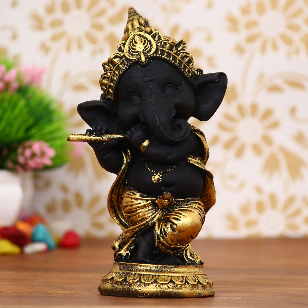 Golden And Black Polyresin Lord Ganesha Idol Playing Flute Musical Instrument Decorative Showpiece - Ideal For Home, Office Decor - Gift For Diwali, Birthday, Ganesh Chaturthi Celebrations