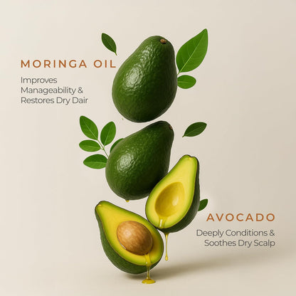 Avocado with leaves and Moringa oil droplets on a beige background