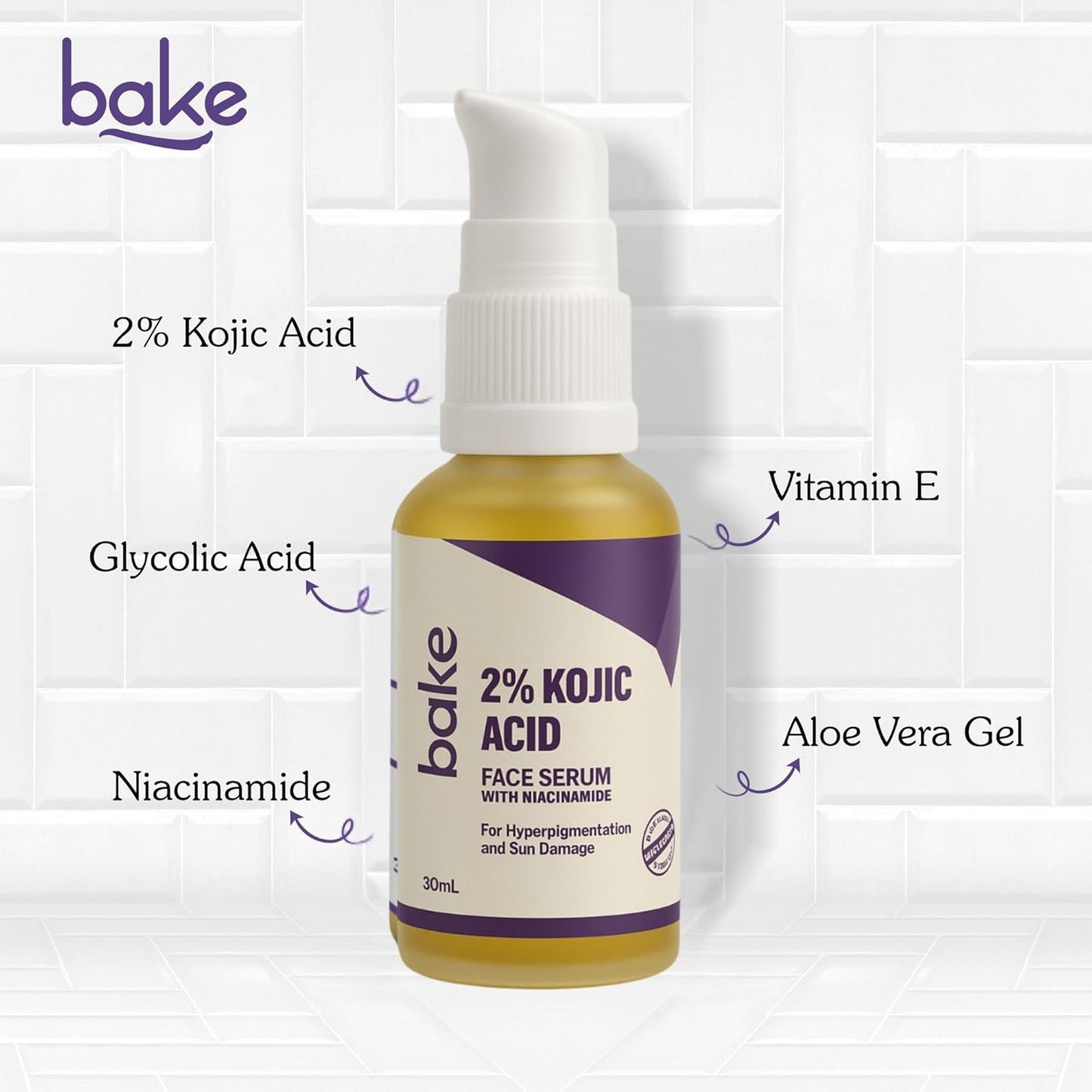 BAKE 2% Kojic Acid Face Serum with 5% Niacinamide & 2% Glycolic Acid for Pigmentation & Dark Spots | For Dark Circles, Tan Removal & Sun Damaged Skin | Skin Brightening & Glowing | 30ml