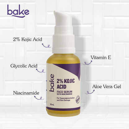 BAKE 2% Kojic Acid Face Serum with 5% Niacinamide & 2% Glycolic Acid for Pigmentation & Dark Spots | For Dark Circles, Tan Removal & Sun Damaged Skin | Skin Brightening & Glowing | 30ml