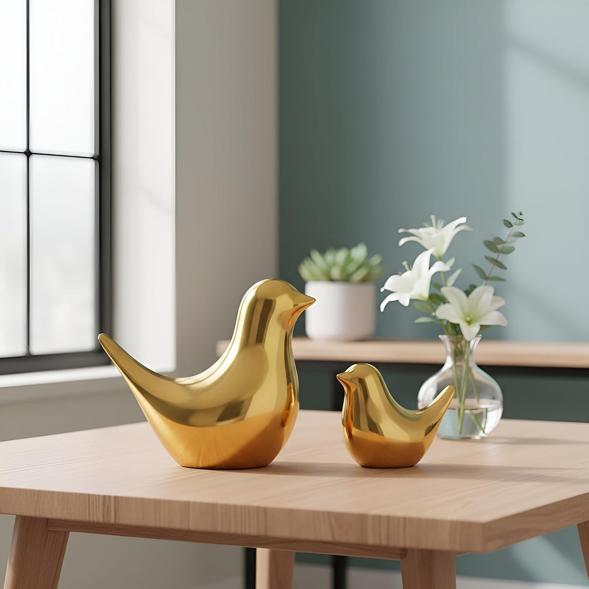 Ceramic Golden Blessing Birds Figurine for Home Decor | Living Room, Bedroom, Office Desk, Cabinets - (Pack of 2, Golden)