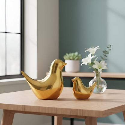 Ceramic Golden Blessing Birds Figurine for Home Decor | Living Room, Bedroom, Office Desk, Cabinets - (Pack of 2, Golden)
