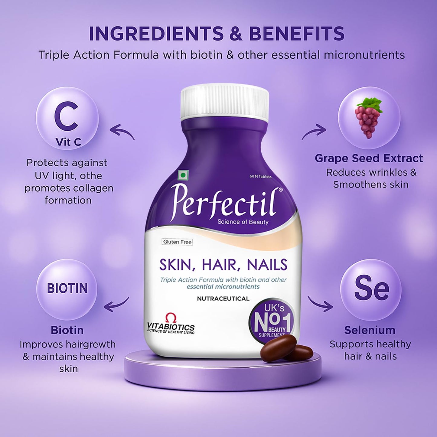 Perfectil Skin Hair Nails Multivitamin Tablets (2 Months Pack) | Triple Action Formula with Biotin, Grape Seed Extract, L-Cysteine & 19 Micronutrients | Daily Multivitamin & Nutritional Supplement | Gluten Free | 60 Tablets | 1,079mg Per Tablet