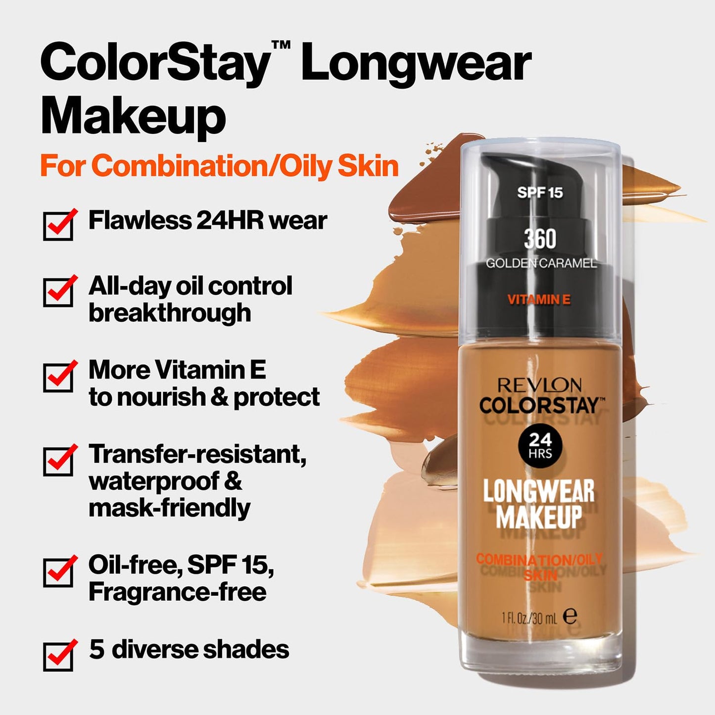 Revlon Liquid Foundation, ColorStay Face Makeup for Combination & Oily Skin, SPF 15, Longwear Medium-Full Coverage with Matte Finish, Golden Caramel, 1 Fl Oz