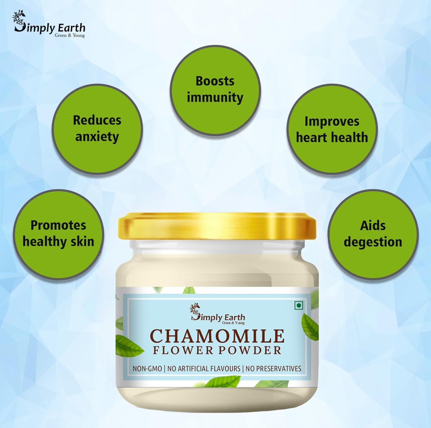 Simply Earth organic Chamomile Flower Powder 100g, Helps Improve Sleep Quality, Boosts Skin and Hair Health, Caffeine Free, Chamomile Tea