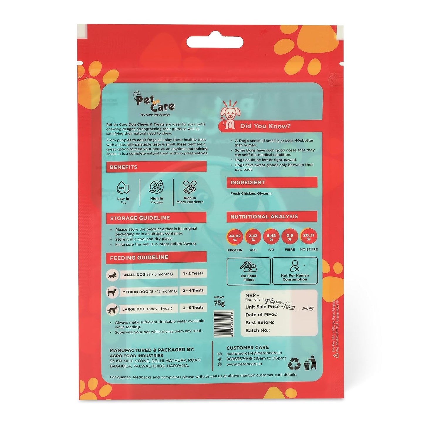 Pet en Care Chicken Slices Dog Treats, 75g Chicken | Vitamin Enriched | All Breed and Sizes