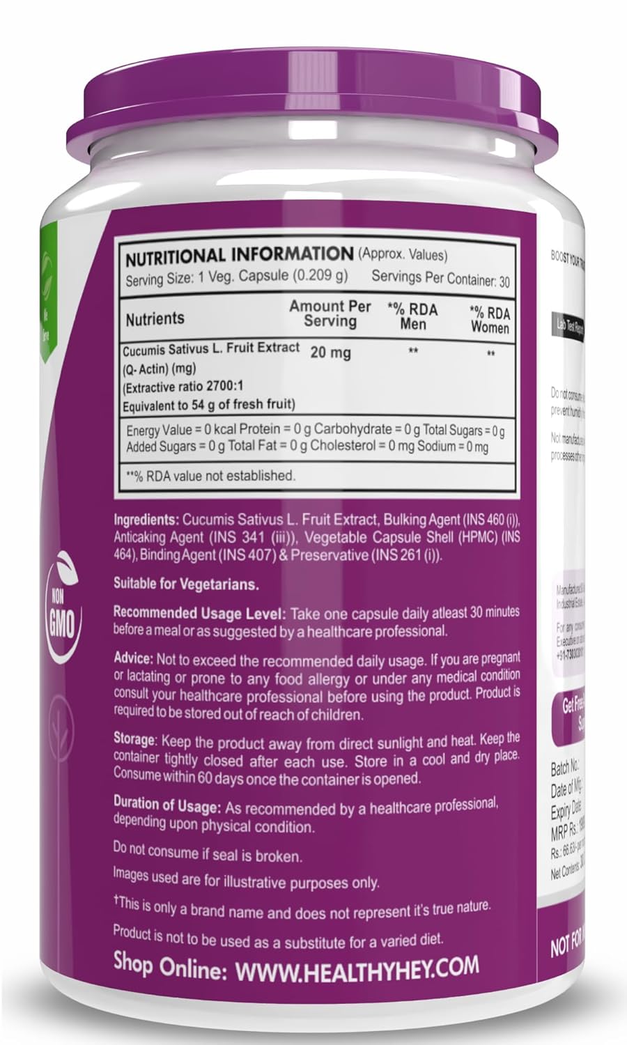 Supplement container with purple label and nutritional information on a white background