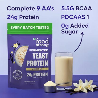 Foodstrong Fermented Yeast Protein - Vanilla | 26g Complete Plant Protein with Probiotics, Digestive Enzymes, & Indian Herbs | Vegan | No Sugar | 500g