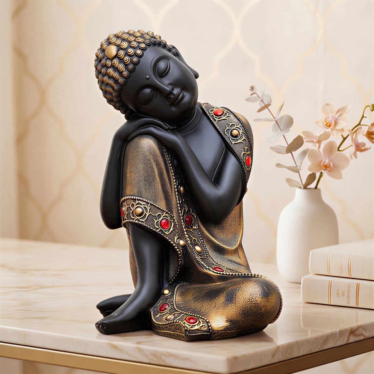 Buddha Idol Statue | Show Pieces for Home Decor Living Room (Black Golden)
