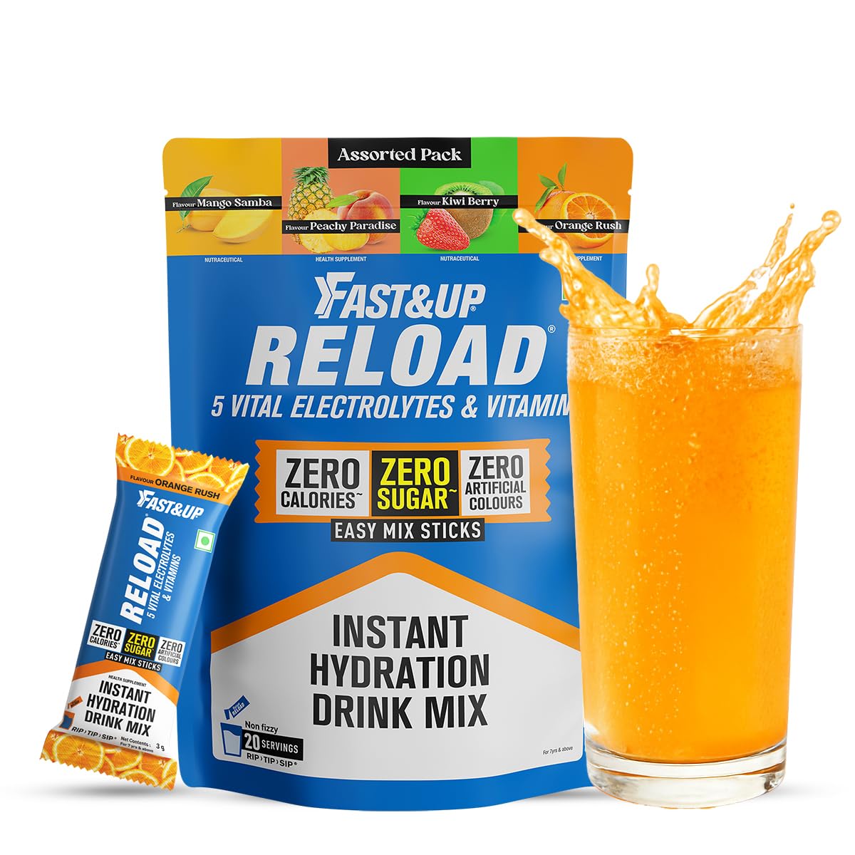 Fast&Up Reload Electrolytes Powder Sachets | Zero Added Sugar Hydration Drink with 5 Essential Electrolytes Vitamin C & B12 | Summer Heat, Workout Recovery, Travel & Wellness | Assorted Pack of 20 Sachets