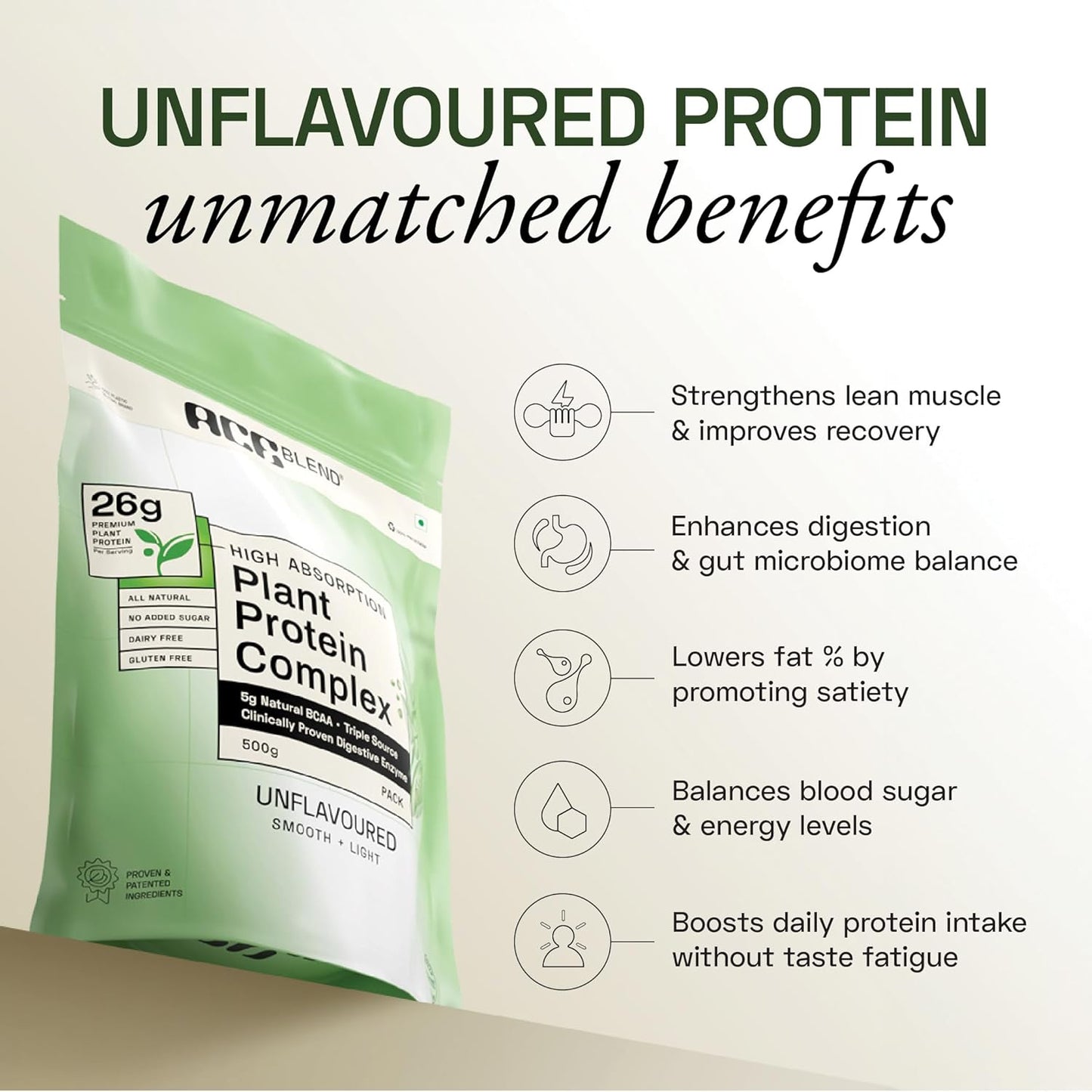 Ace Blend Unflavoured Plant Protein Triple Complex 500g | Brown Rice, Pea & Lentil | 26G / Serving | Complete Amino Acids | Gut Friendly | Soluble Food Fortifier for Aata, Dosas, Gravies, Baking