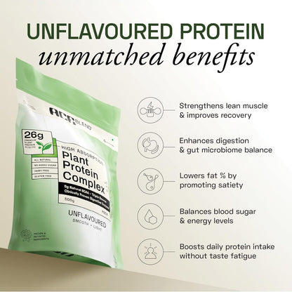 Ace Blend Unflavoured Plant Protein Triple Complex 500g | Brown Rice, Pea & Lentil | 26G / Serving | Complete Amino Acids | Gut Friendly | Soluble Food Fortifier for Aata, Dosas, Gravies, Baking