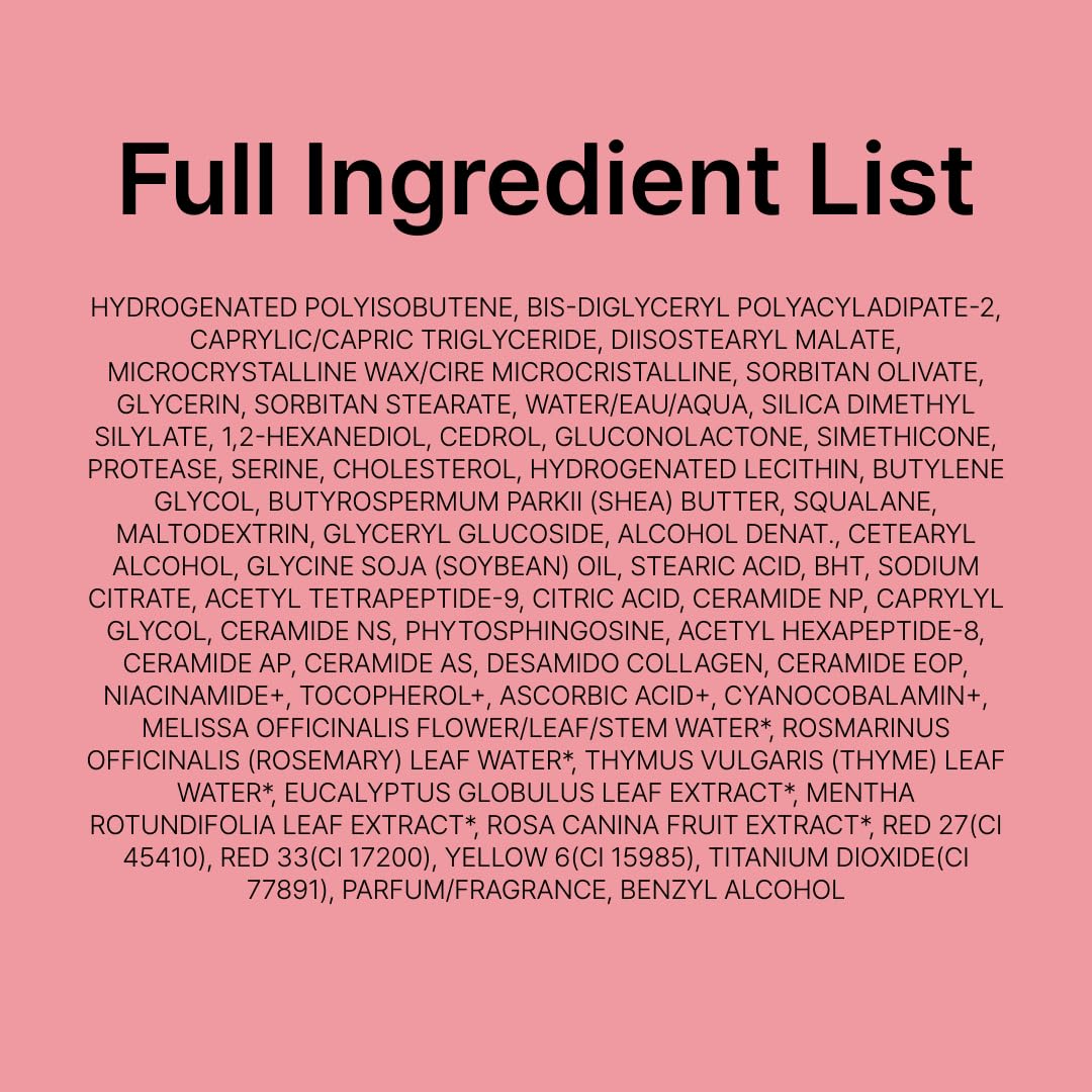 Full ingredient list on a pink background