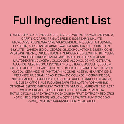 Full ingredient list on a pink background