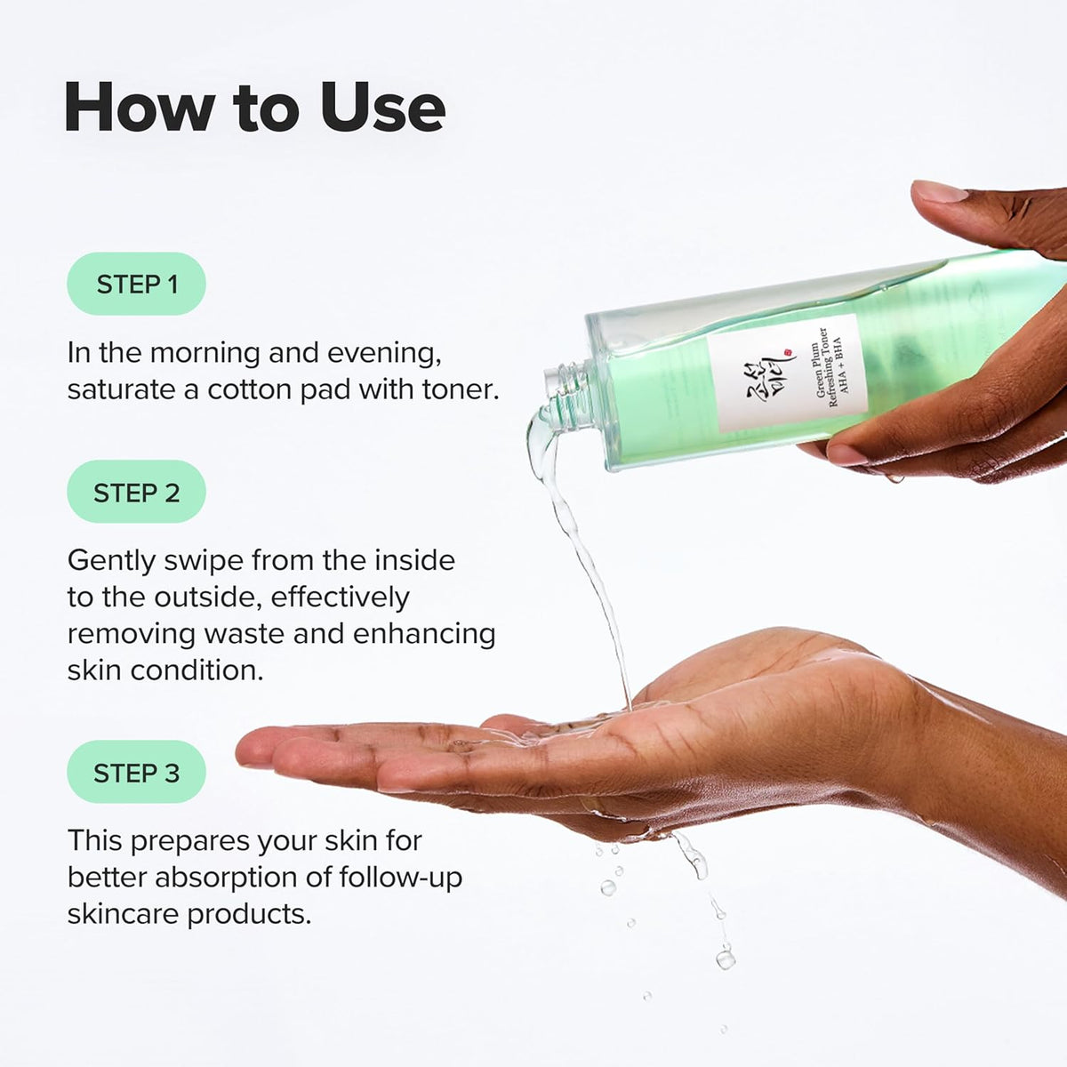Step-by-step guide on how to use a skincare product with text and demonstration of application.