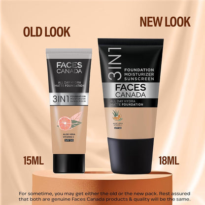 FACESCANADA Cream All Day Hydra Matte Foundation - Mini|3in1 Foundation + Moisturizer + SPF 30|24 HR Aloe Hydration & Vitamin C| 10HR Wear | Medium to High Buildable Coverage | Medium Natural (18 ml)