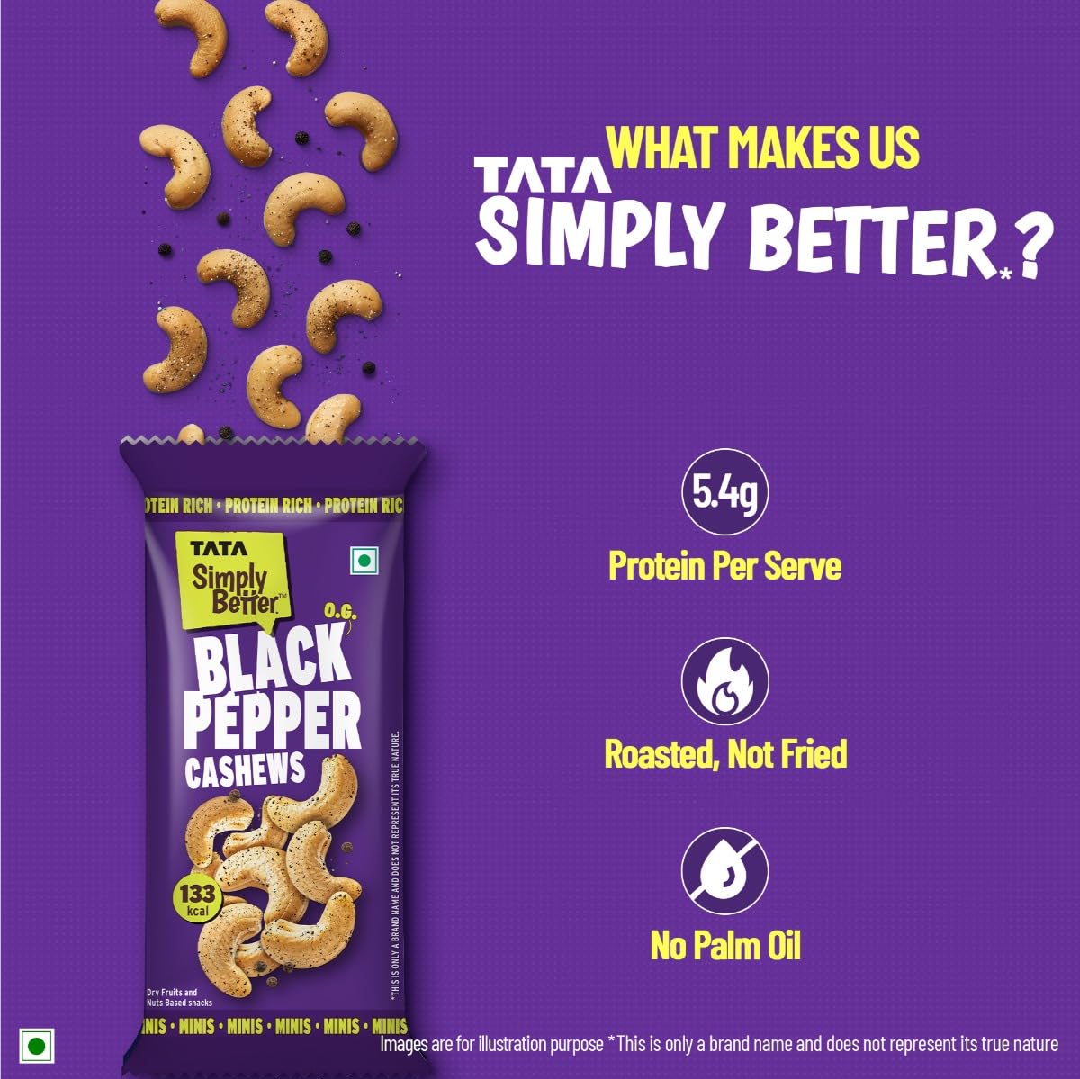Tata Simply Better O.G Black pepper Cashews, 23g (Pack of 5), Rich in Protein, Party Snack, Delicious Kaju Nuts, Ready To Eat Snack, No Palm Oil, No Trans Fat