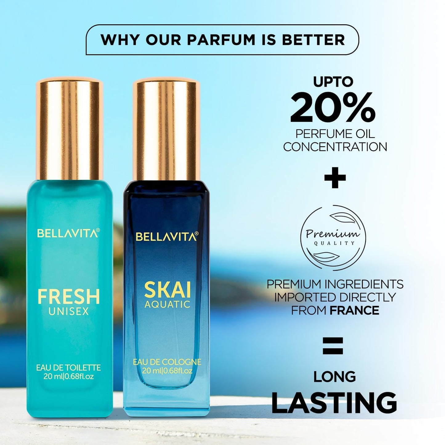 Two Bellavita perfume bottles with promotional text on a blurred background