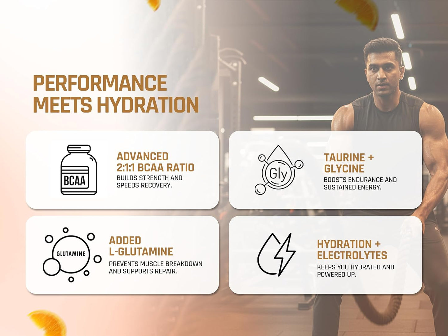 Product advertisement for a supplement with text about performance and hydration, featuring a person in a gym.