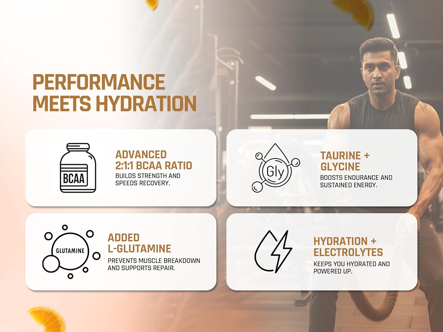 Product advertisement for a supplement with text about performance and hydration, featuring a person in a gym.
